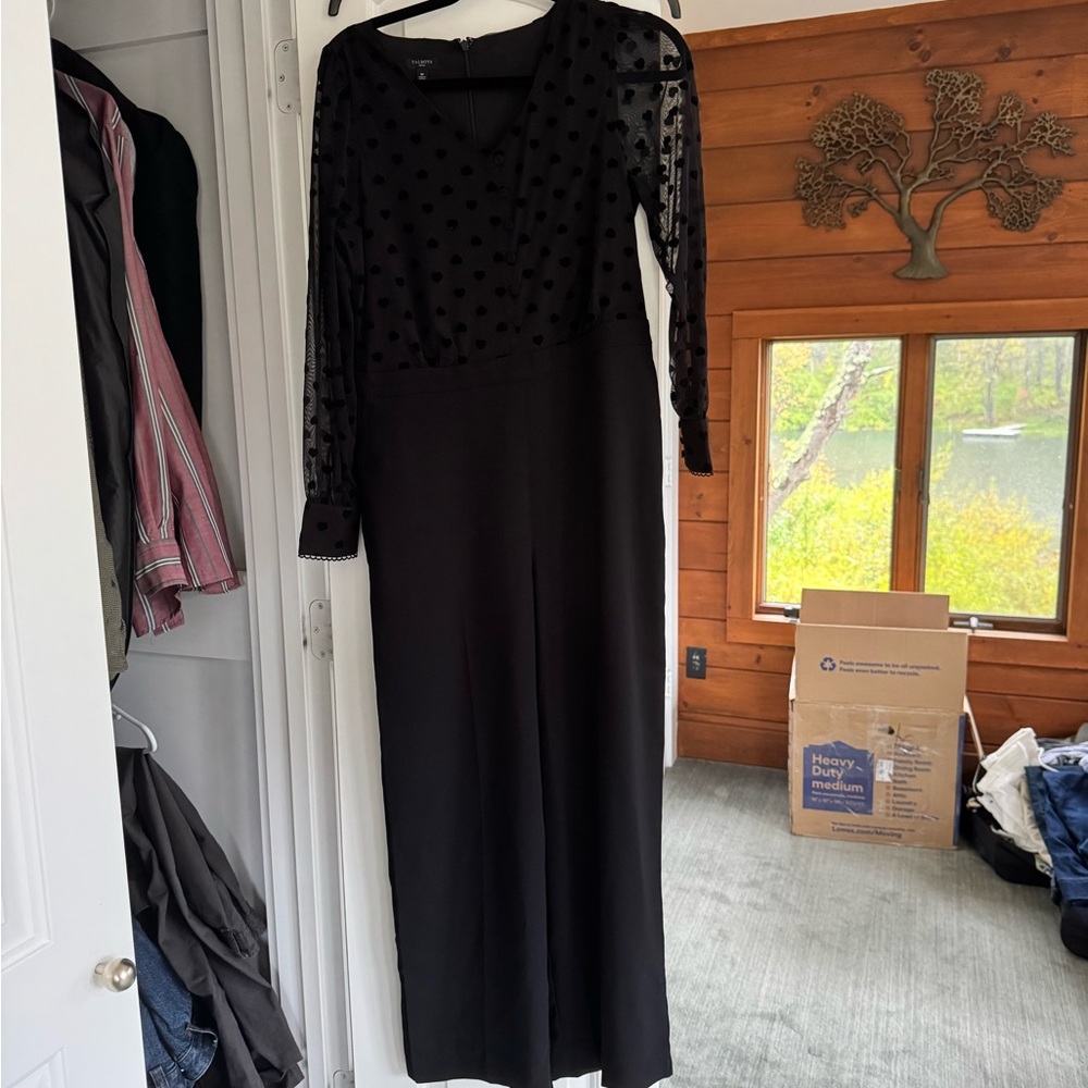 Talbots Black Jumpsuit with Sheer Polka Dot Sleeves